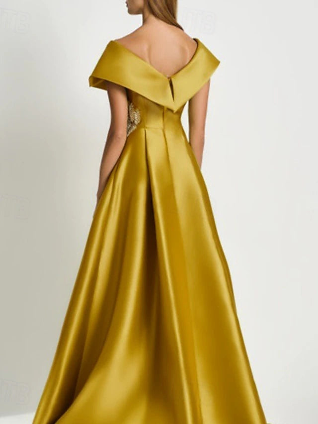 Weitese Dress A-Line Elegant Dress Wedding Guest Floor Length Short Sleeve V Neck Satin Evening Dress