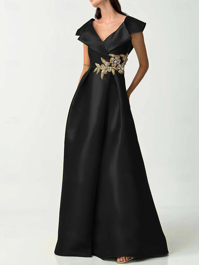 Weitese Dress A-Line Elegant Dress Wedding Guest Floor Length Short Sleeve V Neck Satin Evening Dress