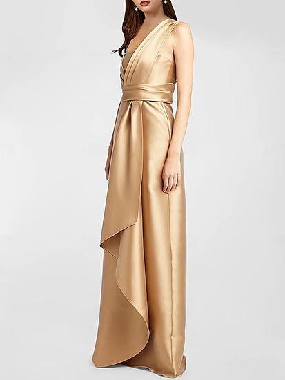 Weitese Dress A-Line Elegant  Formal Dress Floor Length Sleeveless One Shoulder Satin With Ruffles Evening Dress
