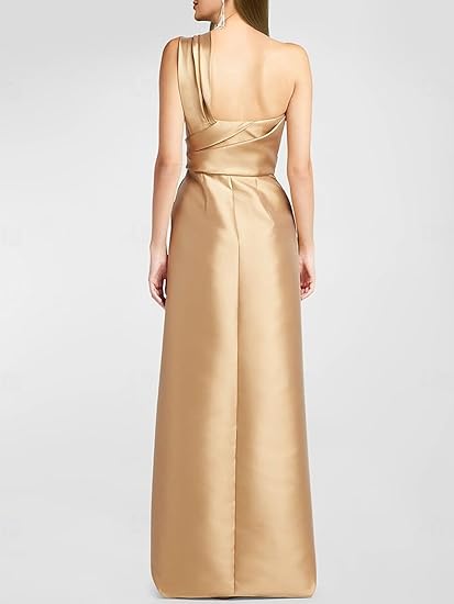 Weitese Dress A-Line Elegant  Formal Dress Floor Length Sleeveless One Shoulder Satin With Ruffles Evening Dress