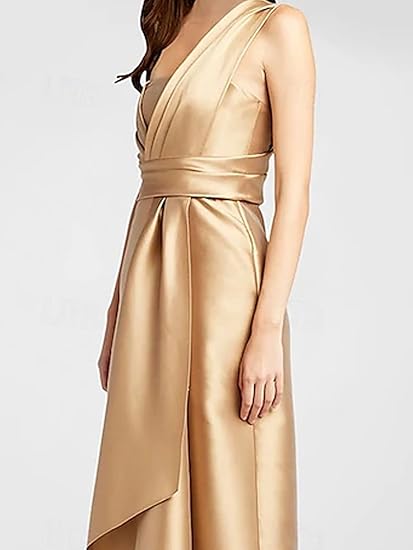 Weitese Dress A-Line Elegant  Formal Dress Floor Length Sleeveless One Shoulder Satin With Ruffles Evening Dress