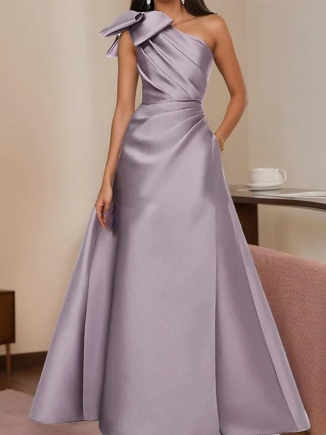Weitese Dress A-Line Elegant Formal Evening Party Floor Length Sleeveless One Shoulder Satin With Bow(s) Pleats Evening Dress