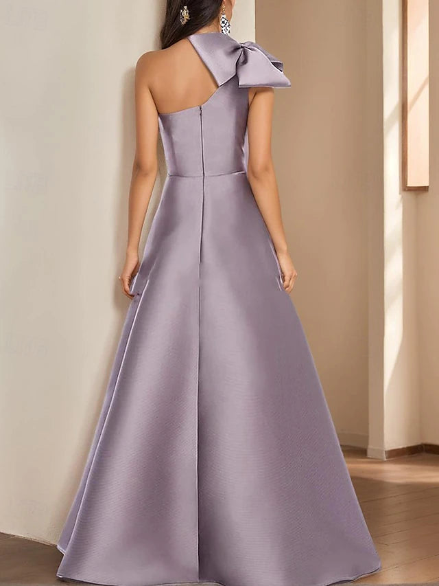 Weitese Dress A-Line Elegant Formal Evening Party Floor Length Sleeveless One Shoulder Satin With Bow(s) Pleats Evening Dress