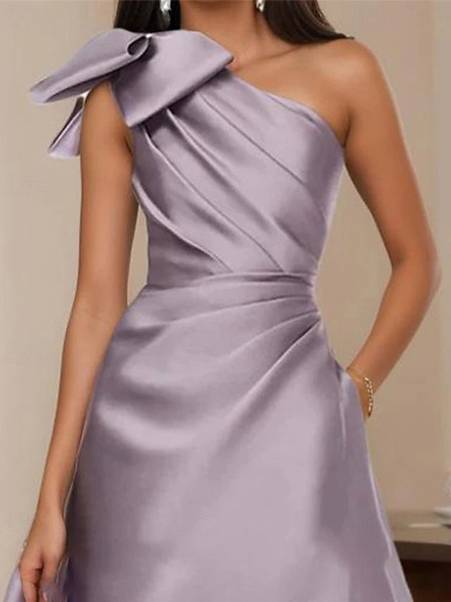 Weitese Dress A-Line Elegant Formal Evening Party Floor Length Sleeveless One Shoulder Satin With Bow(s) Pleats Evening Dress