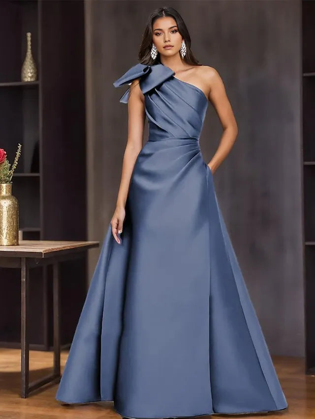 Weitese Dress A-Line Elegant Formal Evening Party Floor Length Sleeveless One Shoulder Satin With Bow(s) Pleats Evening Dress