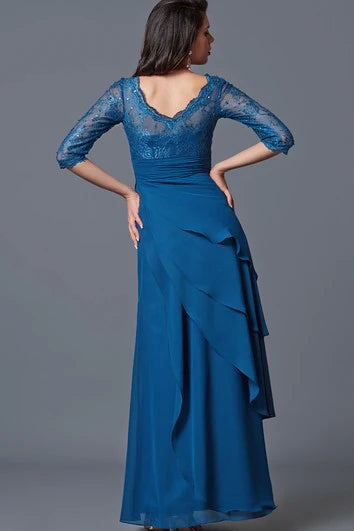 Weitese Dress A-Line Elegant Long-sleeved V-neck Layered Lace And Chiffon Long Formal Dress Mother of the Bride Dress