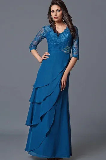 Weitese Dress A-Line Elegant Long-sleeved V-neck Layered Lace And Chiffon Long Formal Dress Mother of the Bride Dress