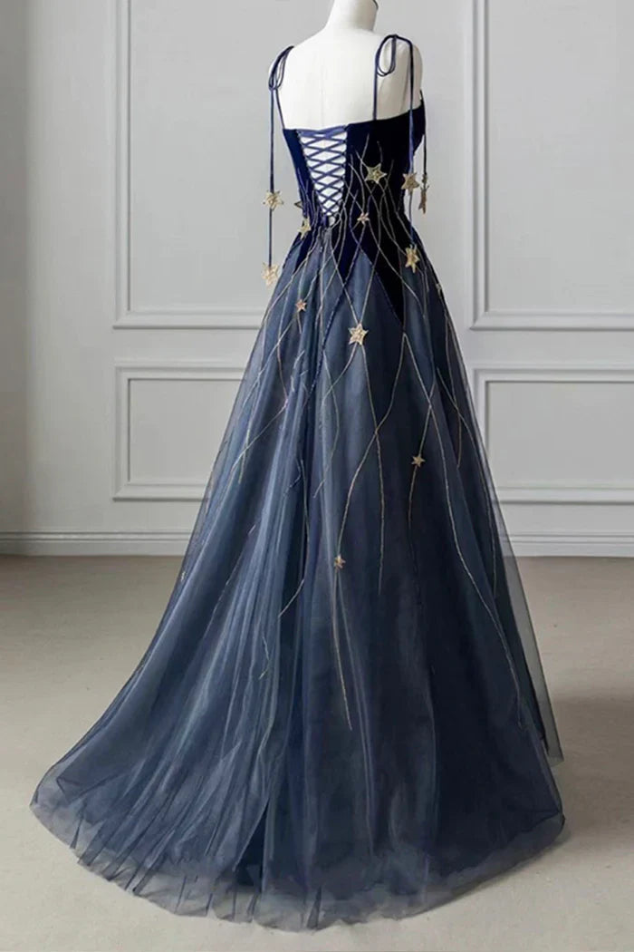 Weitese Dress A-Line Elegant Navy Blue Spaghetti Strap Long Prom Dress With Star