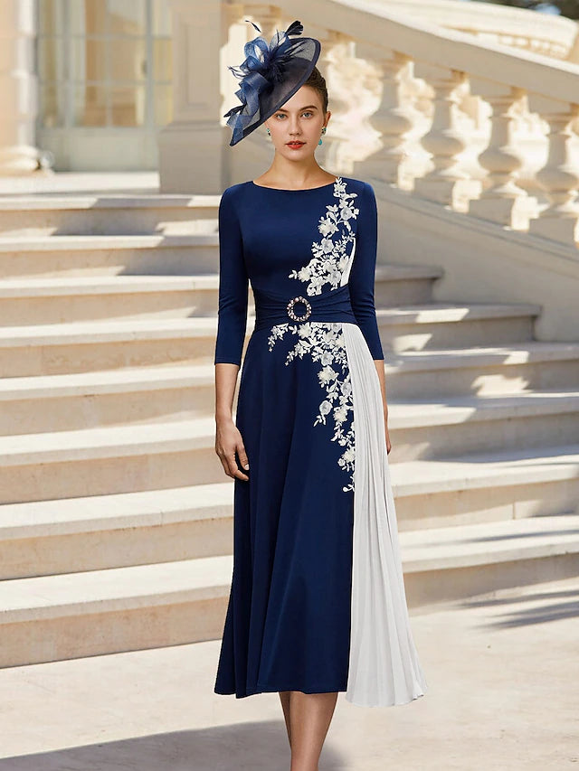 Weitese Dress A-Line Elegant Simple Jewel Neck Tea Length Chiffon 3/4 Length Sleeve with Beading Appliques Flower Mother of the Bride Dress