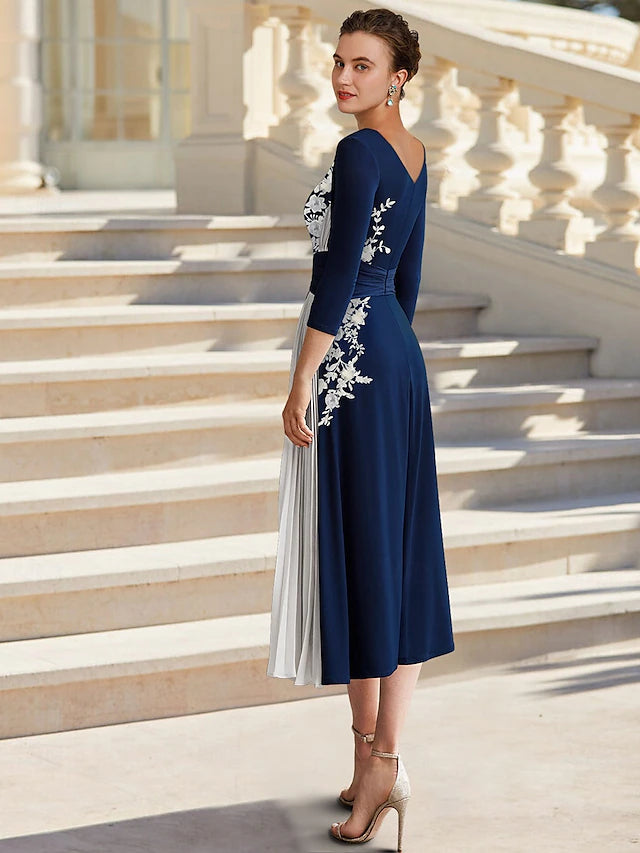 Weitese Dress A-Line Elegant Simple Jewel Neck Tea Length Chiffon 3/4 Length Sleeve with Beading Appliques Flower Mother of the Bride Dress