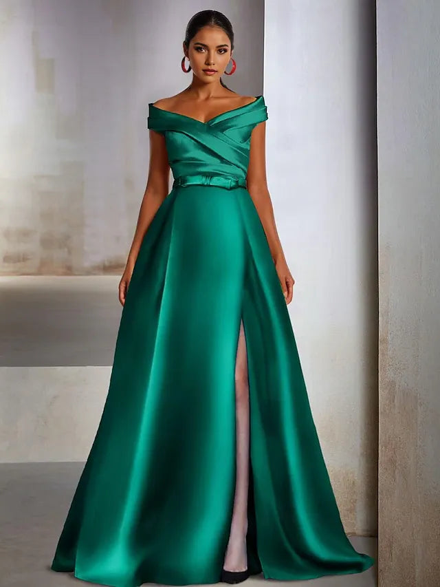 Weitese Dress A-Line Elegant Wedding Guest Black Tie Floor Length Sleeveless Off Shoulder Satin With Slit Evening Dress
