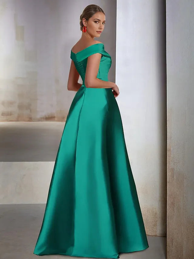 Weitese Dress A-Line Elegant Wedding Guest Black Tie Floor Length Sleeveless Off Shoulder Satin With Slit Evening Dress