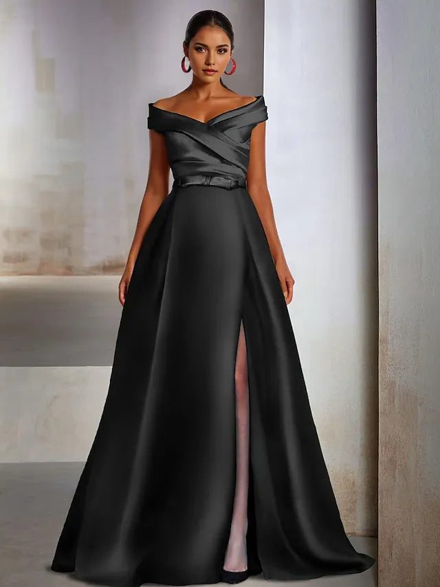 Weitese Dress A-Line Elegant Wedding Guest Black Tie Floor Length Sleeveless Off Shoulder Satin With Slit Evening Dress