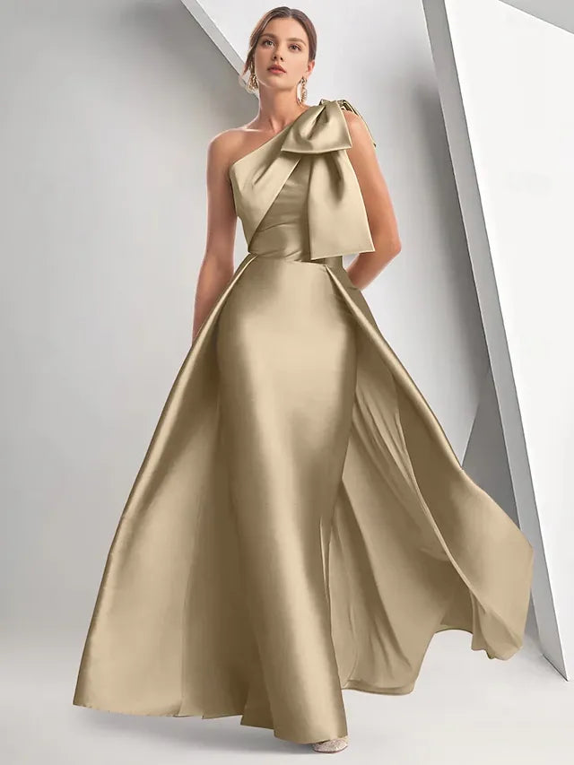 Weitese Dress A-Line Evening Dress Elegant Formal Floor Length Sleeveless One Shoulder Fall Wedding Guest Satin With Bow(s)