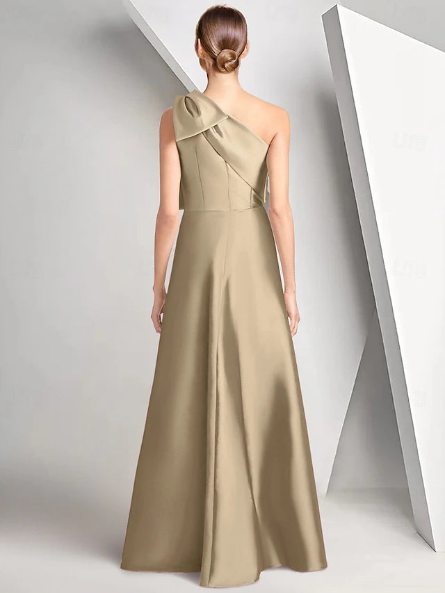 Weitese Dress A-Line Evening Dress Elegant Formal Floor Length Sleeveless One Shoulder Fall Wedding Guest Satin With Bow(s)