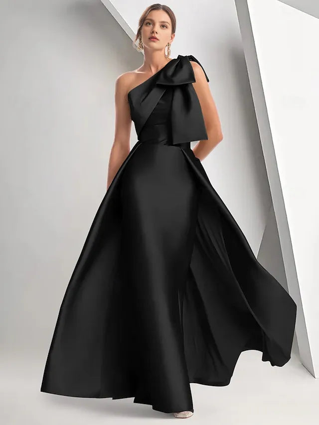 Weitese Dress A-Line Evening Dress Elegant Formal Floor Length Sleeveless One Shoulder Fall Wedding Guest Satin With Bow(s)
