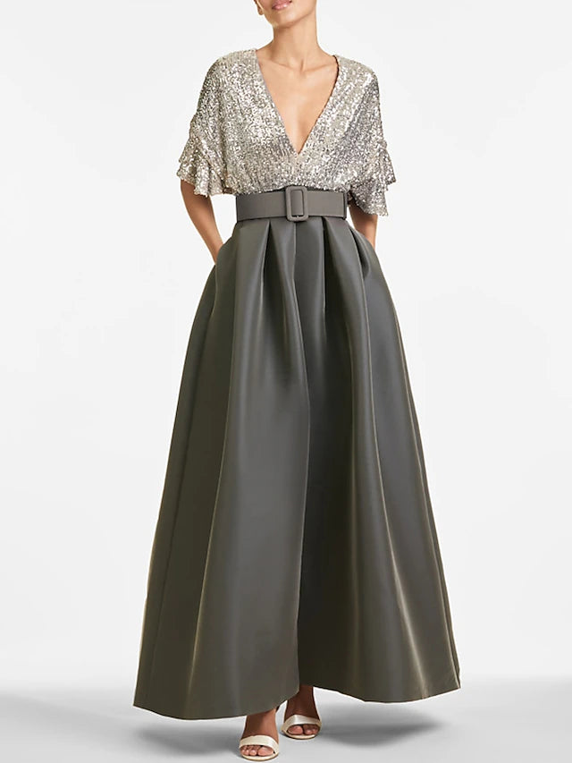 Weitese Dress A-Line Evening Dress Elegant Formal Wedding Guest Ankle Length Half Sleeve V Neck Fall Wedding Guest Sequined With Sequin