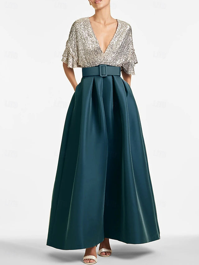 Weitese Dress A-Line Evening Dress Elegant Formal Wedding Guest Ankle Length Half Sleeve V Neck Fall Wedding Guest Sequined With Sequin