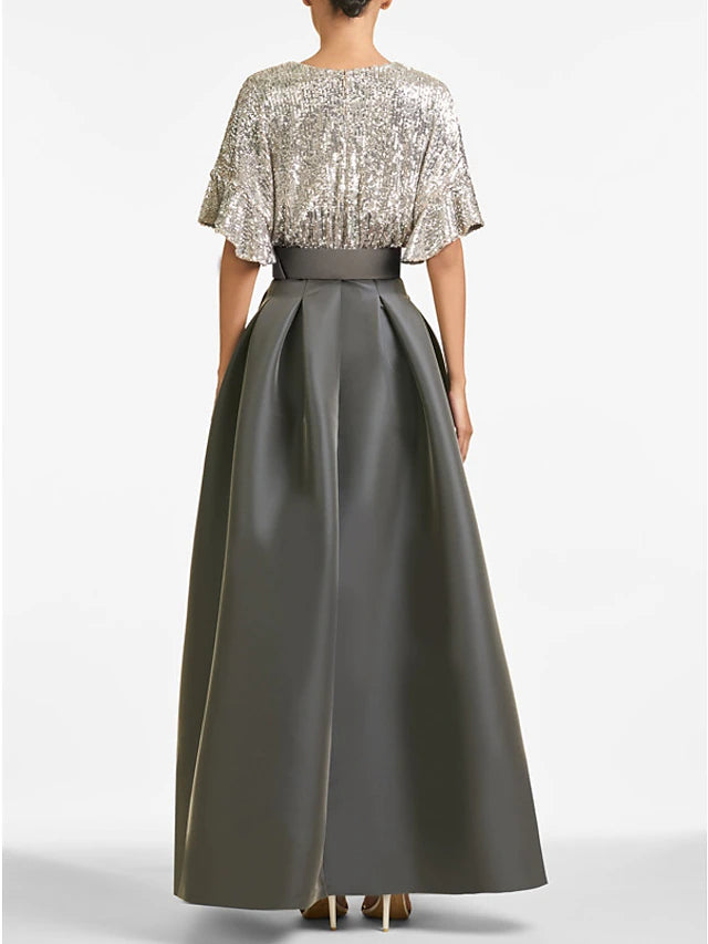 Weitese Dress A-Line Evening Dress Elegant Formal Wedding Guest Ankle Length Half Sleeve V Neck Fall Wedding Guest Sequined With Sequin