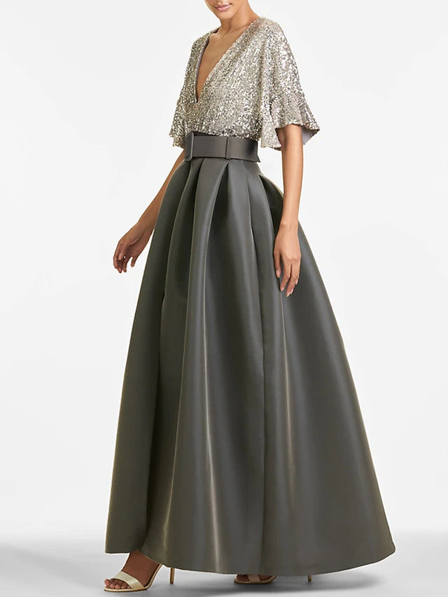 Weitese Dress A-Line Evening Dress Elegant Formal Wedding Guest Ankle Length Half Sleeve V Neck Fall Wedding Guest Sequined With Sequin