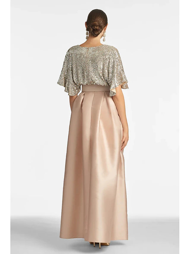 Weitese Dress A-Line Evening Dress Elegant Formal Wedding Guest Ankle Length Half Sleeve V Neck Fall Wedding Guest Sequined With Sequin