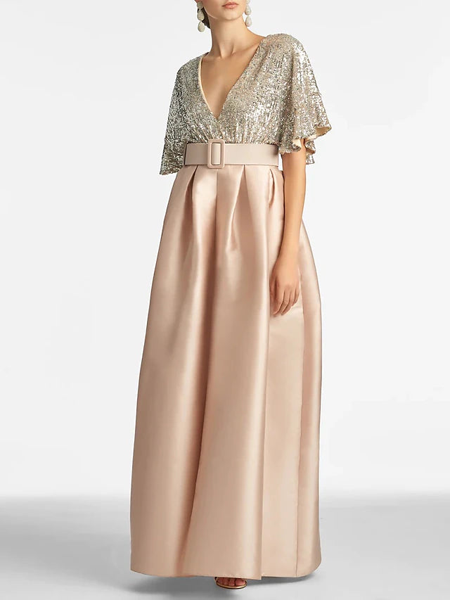 Weitese Dress A-Line Evening Dress Elegant Formal Wedding Guest Ankle Length Half Sleeve V Neck Fall Wedding Guest Sequined With Sequin