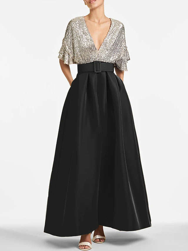 Weitese Dress A-Line Evening Dress Elegant Formal Wedding Guest Ankle Length Half Sleeve V Neck Fall Wedding Guest Sequined With Sequin