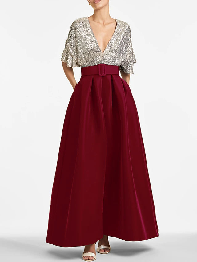 Weitese Dress A-Line Evening Dress Elegant Formal Wedding Guest Ankle Length Half Sleeve V Neck Fall Wedding Guest Sequined With Sequin