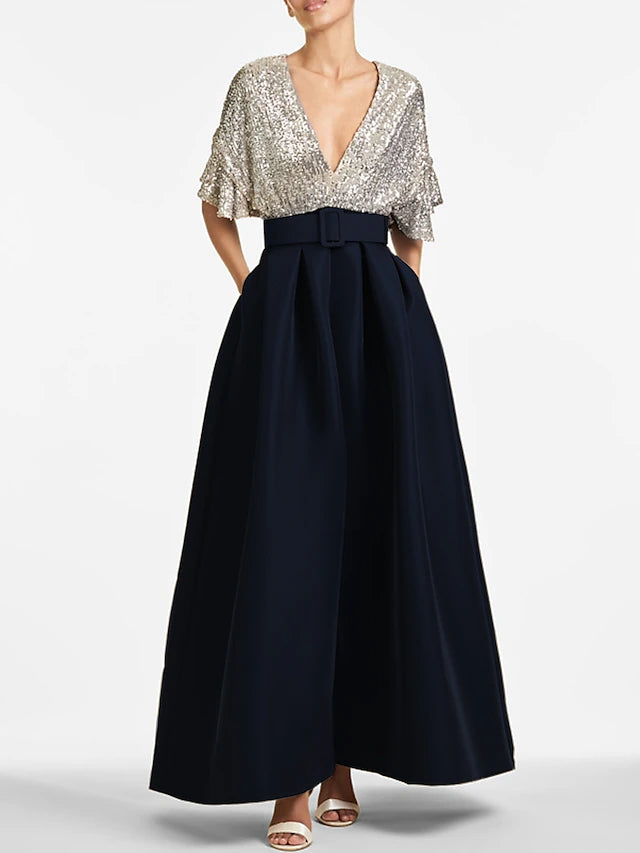 Weitese Dress A-Line Evening Dress Elegant Formal Wedding Guest Ankle Length Half Sleeve V Neck Fall Wedding Guest Sequined With Sequin