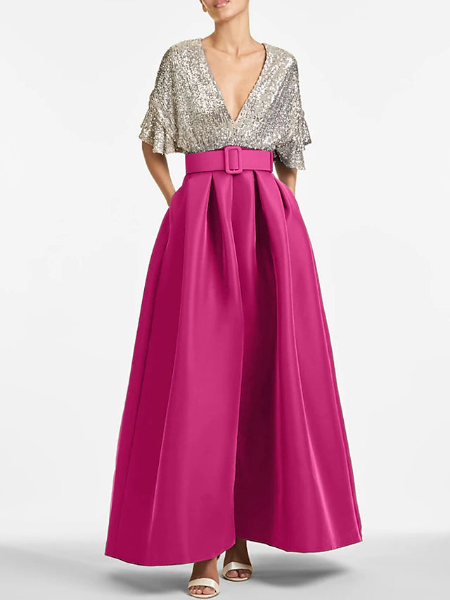 Weitese Dress A-Line Evening Dress Elegant Formal Wedding Guest Ankle Length Half Sleeve V Neck Fall Wedding Guest Sequined With Sequin