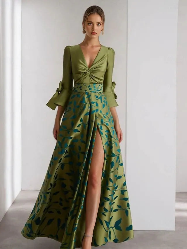 Weitese Dress A-Line Evening Dress Formal Wedding Floor Length 3/4 Length Sleeve V Neck Champagne Mother Of the Bride Dress Satin With Floral Print Bow(s) Slit