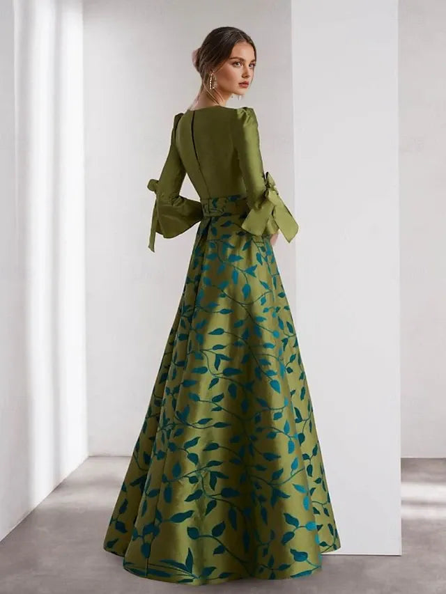 Weitese Dress A-Line Evening Dress Formal Wedding Floor Length 3/4 Length Sleeve V Neck Champagne Mother Of the Bride Dress Satin With Floral Print Bow(s) Slit