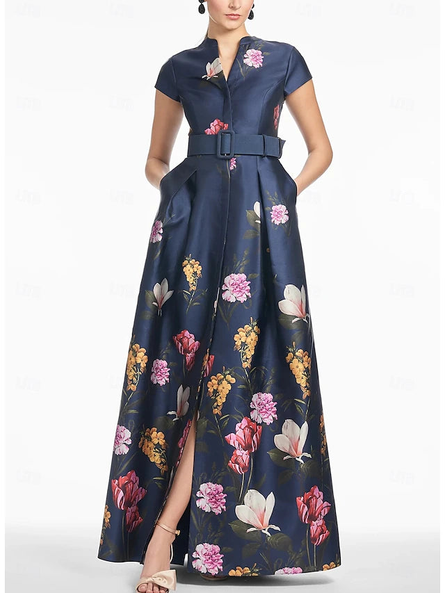 Weitese Dress A-Line Evening Dress High Split Dress Formal Wedding Guest Floor Length Short Sleeve V Neck Satin With Floral Print Dress Wedding Guest Dress