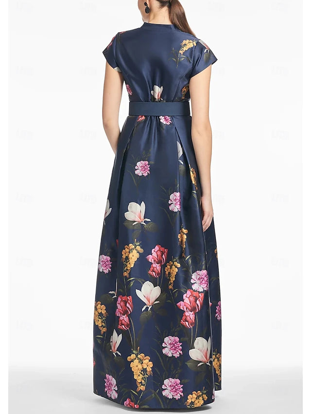 Weitese Dress A-Line Evening Dress High Split Dress Formal Wedding Guest Floor Length Short Sleeve V Neck Satin With Floral Print Dress Wedding Guest Dress