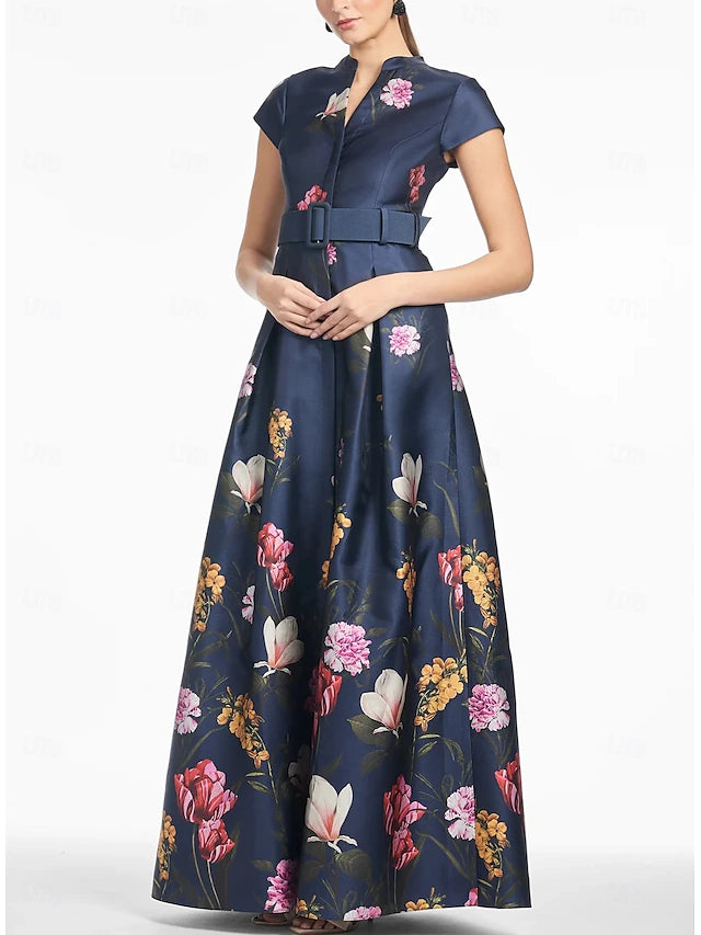 Weitese Dress A-Line Evening Dress High Split Dress Formal Wedding Guest Floor Length Short Sleeve V Neck Satin With Floral Print Dress Wedding Guest Dress