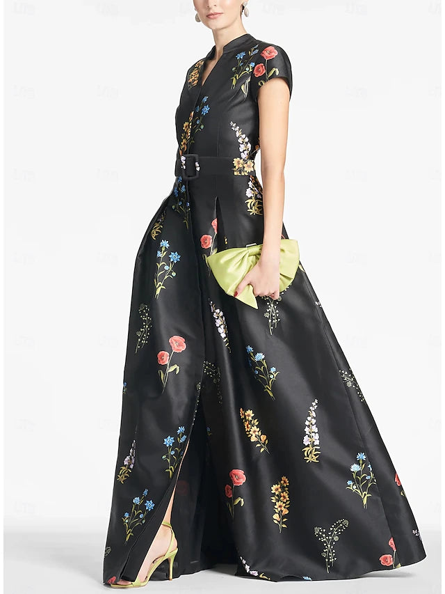 Weitese Dress A-Line Evening Dress High Split Dress Formal Wedding Guest Floor Length Short Sleeve V Neck Satin With Floral Print Dress Wedding Guest Dress