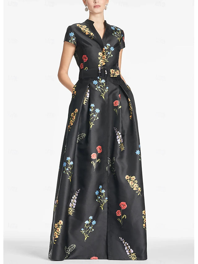 Weitese Dress A-Line Evening Dress High Split Dress Formal Wedding Guest Floor Length Short Sleeve V Neck Satin With Floral Print Dress Wedding Guest Dress