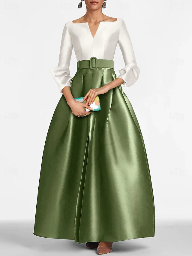 Weitese Dress A-Line Evening Gown Elegant Dress Black Tie Floor Length 3/4 Length Sleeve V Neck Satin With Slit Evening Dress