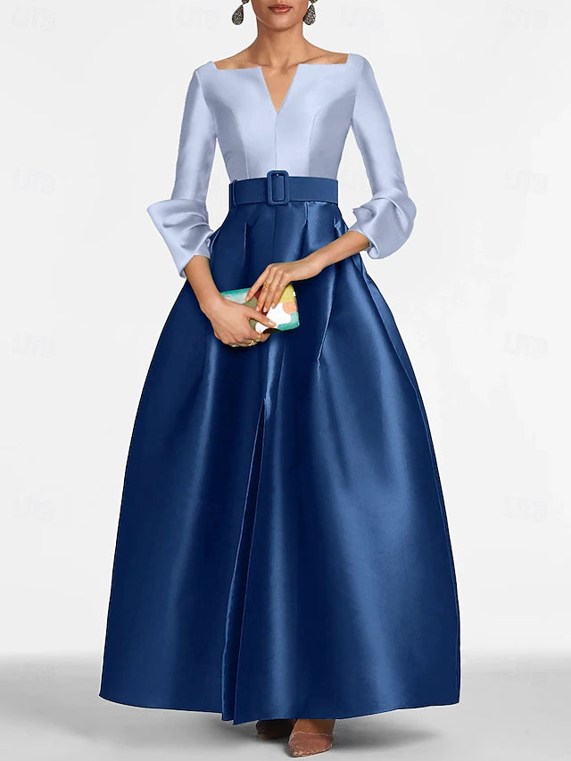 Weitese Dress A-Line Evening Gown Elegant Dress Black Tie Floor Length 3/4 Length Sleeve V Neck Satin With Slit Evening Dress