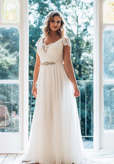 Weitese Dress A-Line Floor-Length V-Neck Short Sleeve Chiffon Sweep Train Illusion Lace Dress Wedding Dress