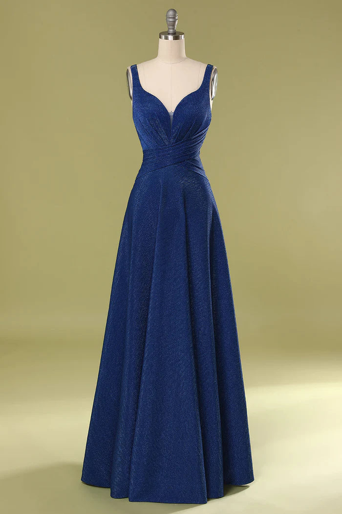 Weitese Dress A-Line Floor-Length V Neck Glitter Royal Blue Sleeveless Pleated Long Prom Dress
