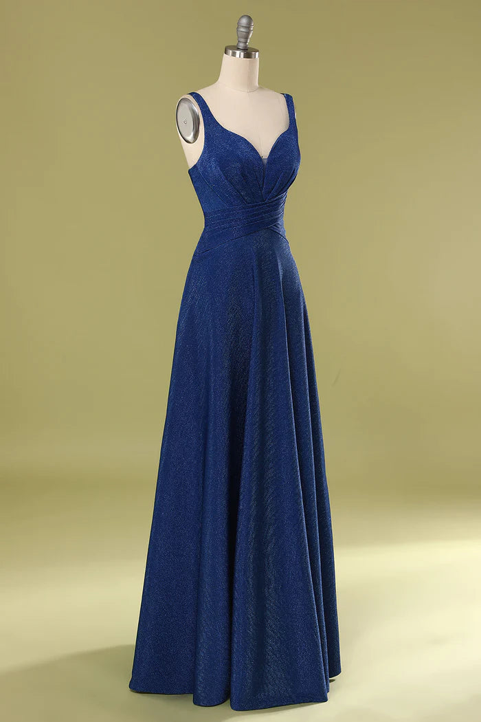 Weitese Dress A-Line Floor-Length V Neck Glitter Royal Blue Sleeveless Pleated Long Prom Dress