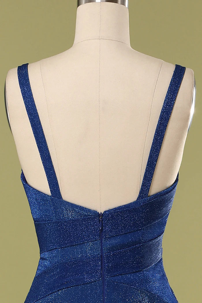 Weitese Dress A-Line Floor-Length V Neck Glitter Royal Blue Sleeveless Pleated Long Prom Dress