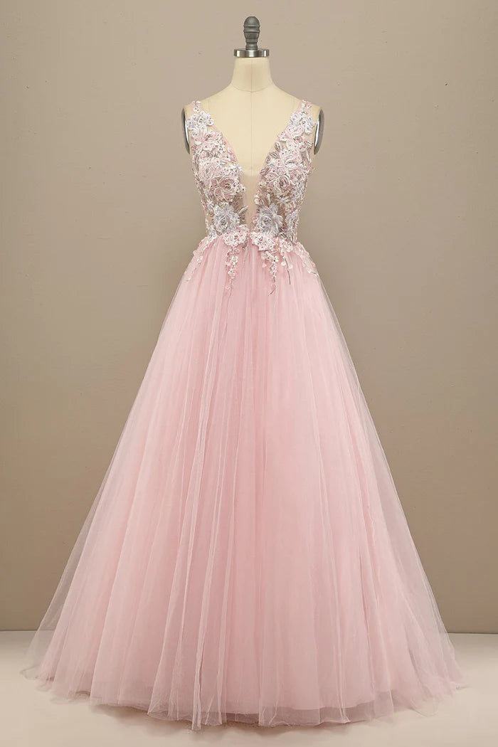 Robe Weitese A-Line Magnifique Robe Maxi Grise/Rose à Col V Profond Robe de Bal Classique Appliques Robe de Soirée 