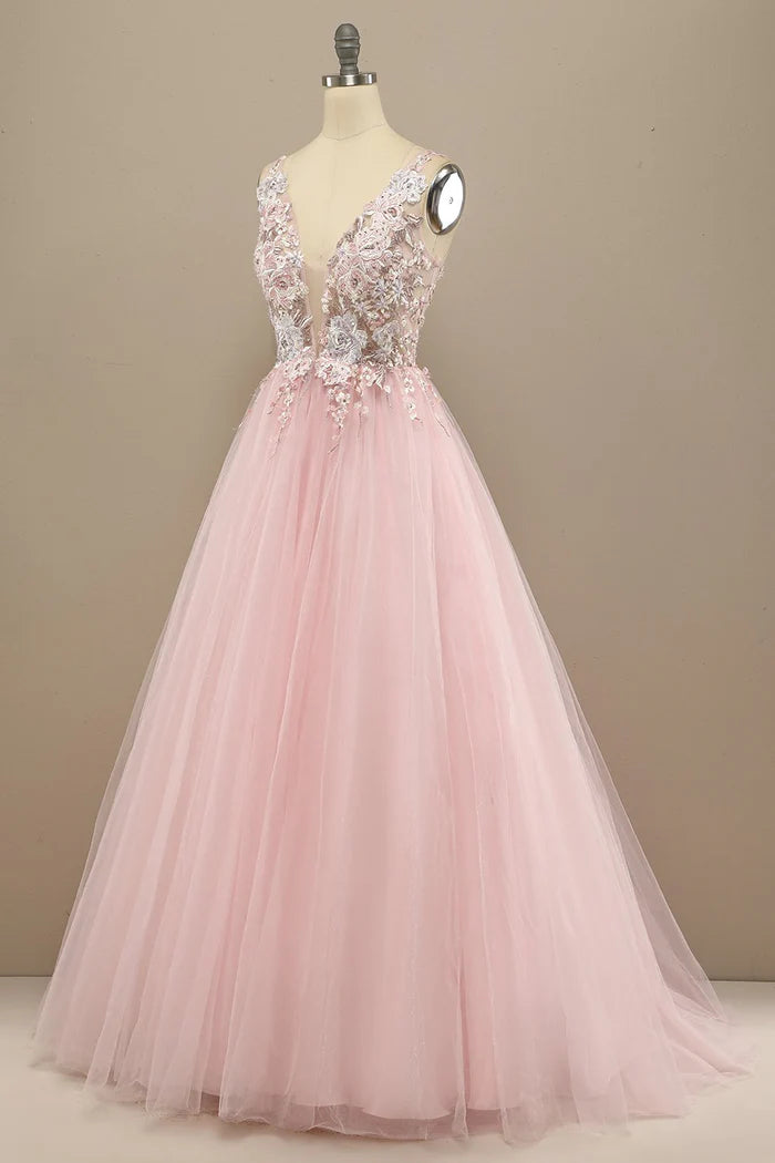 Robe Weitese A-Line Magnifique Robe Maxi Grise/Rose à Col V Profond Robe de Bal Classique Appliques Robe de Soirée 