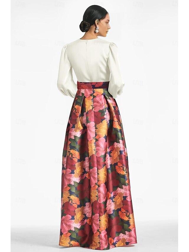 Weitese Dress A-Line High Split Formal Wedding Guest Floor Length Long Sleeve V Neck Belt / Sash Satin With Floral Print Slit Wedding Guest Dress Evening Dress