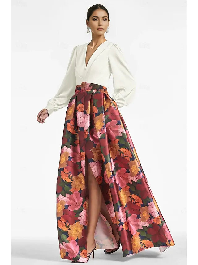 Weitese Dress A-Line High Split Formal Wedding Guest Floor Length Long Sleeve V Neck Belt / Sash Satin With Floral Print Slit Wedding Guest Dress Evening Dress