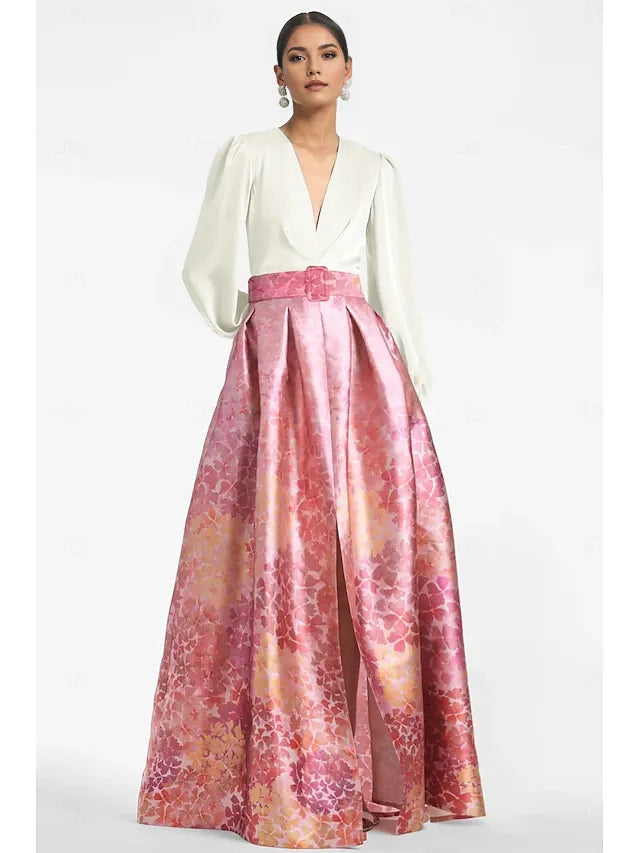 Weitese Dress A-Line High Split Formal Wedding Guest Floor Length Long Sleeve V Neck Belt / Sash Satin With Floral Print Slit Wedding Guest Dress Evening Dress