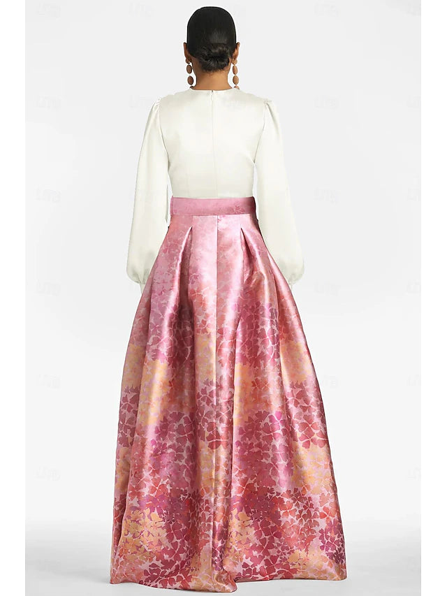 Weitese Dress A-Line High Split Formal Wedding Guest Floor Length Long Sleeve V Neck Belt / Sash Satin With Floral Print Slit Wedding Guest Dress Evening Dress