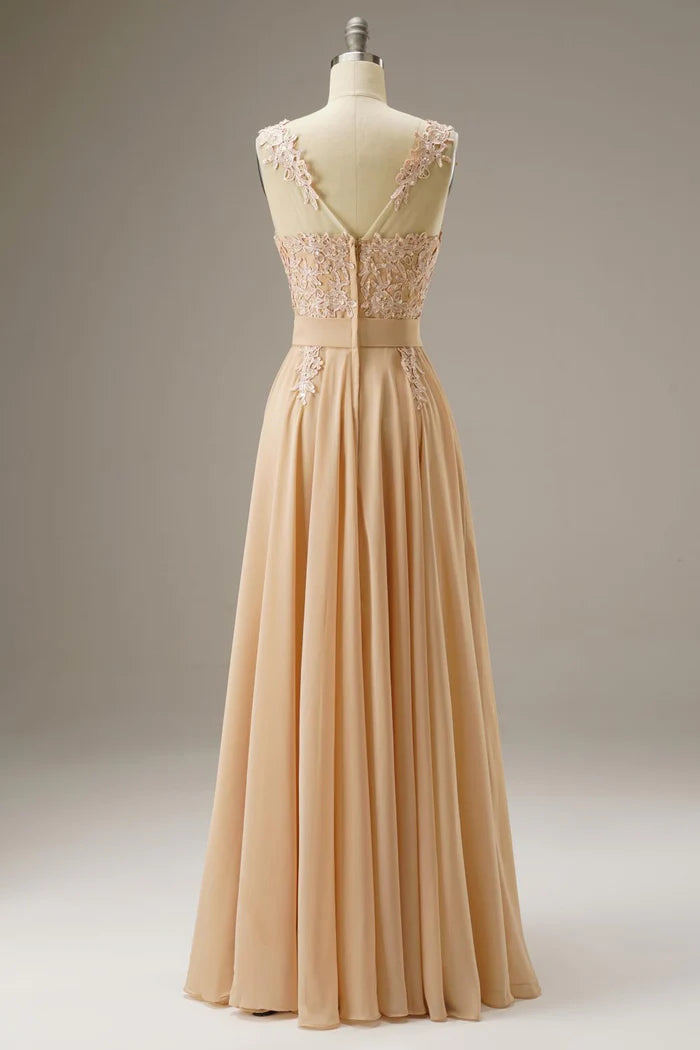 Weitese Dress A-Line Illusion Chiffon Sleeveless Floor Length Maxi Dress Prom Dress With Appliques